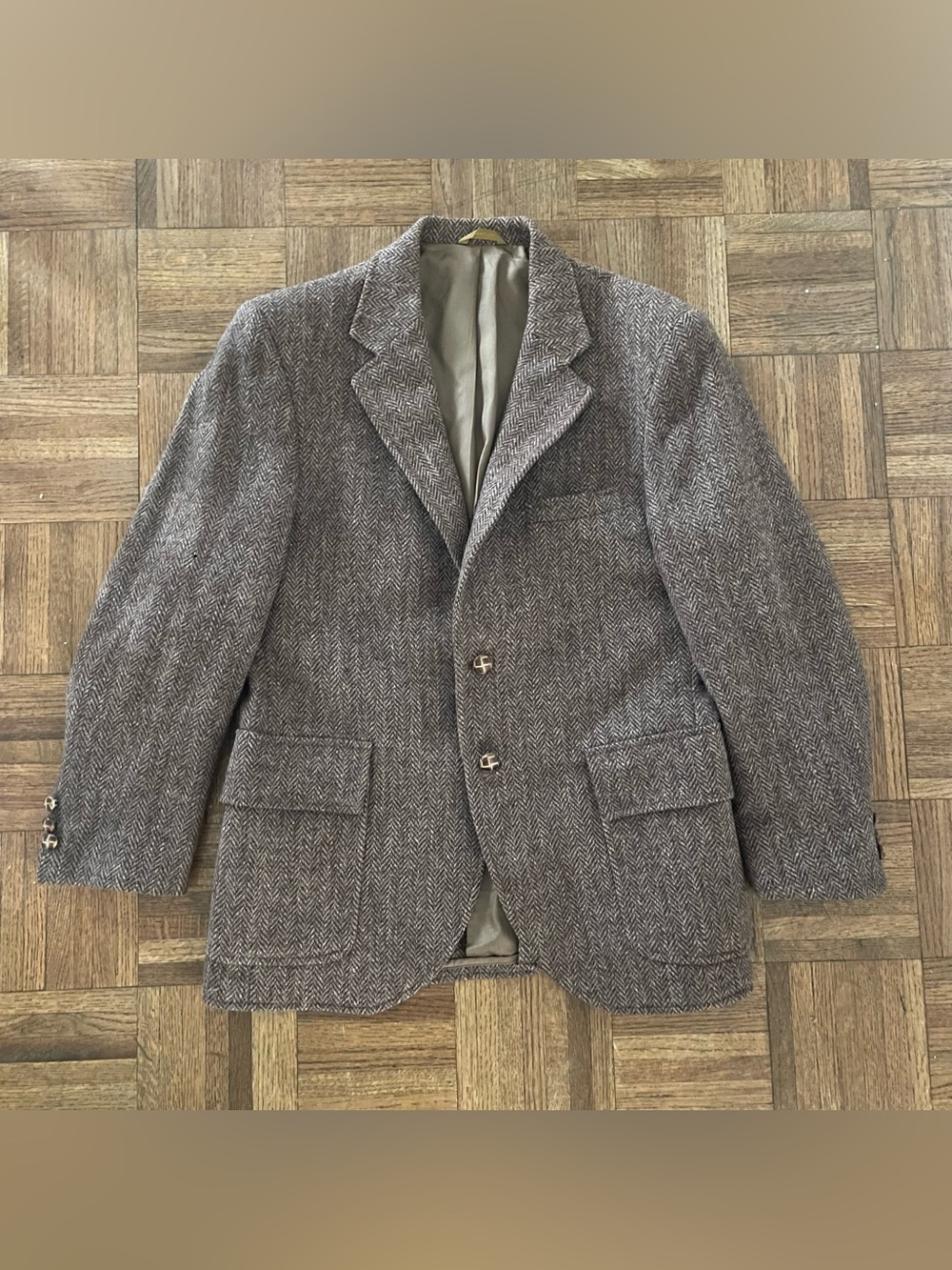 Vintage Harris Tweed Sport Coat Brown Herringbone Kutler Bros SF 42 Short